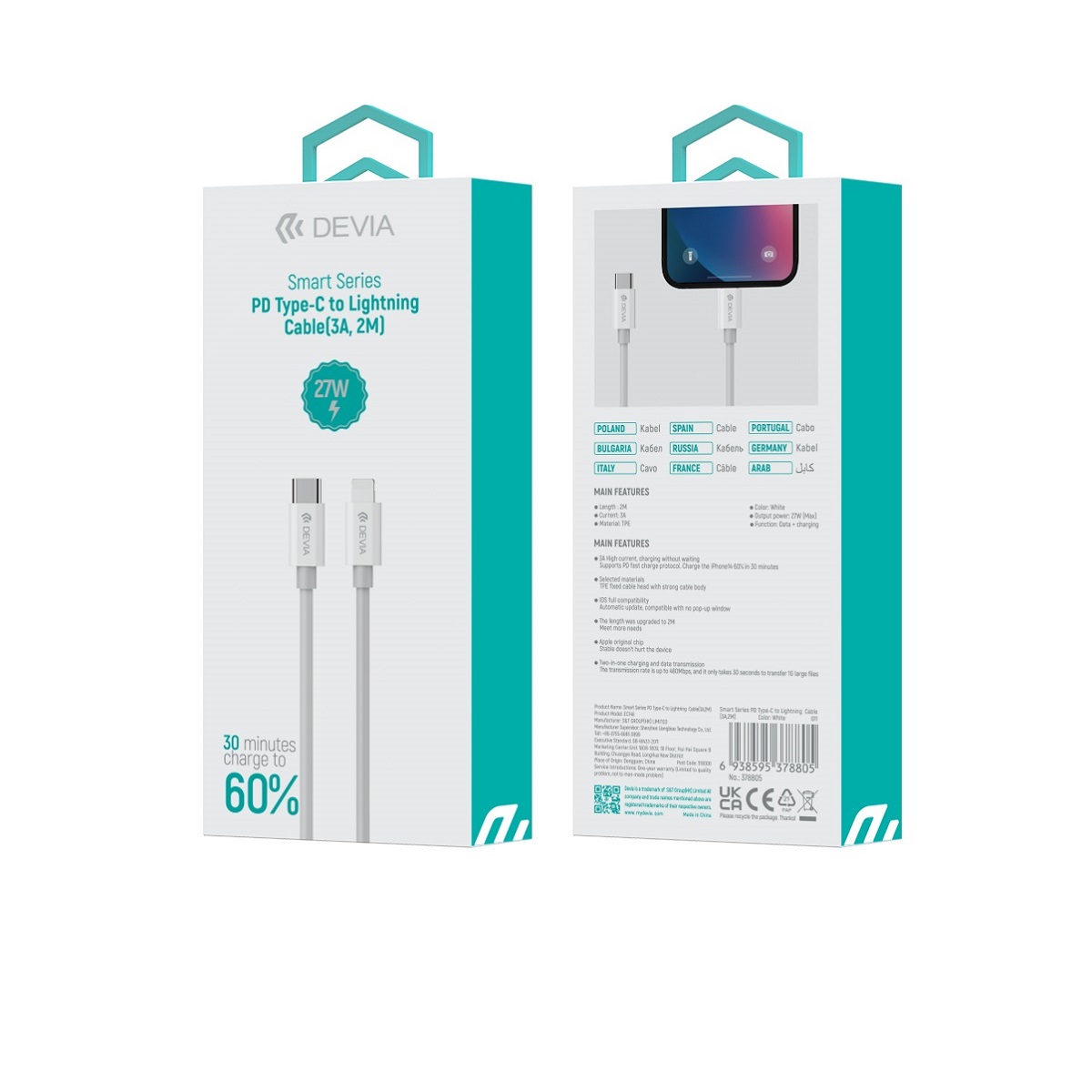 Devia kabel Smart PD USB-C - Lightning 2,0 m 3A bia�y / 5