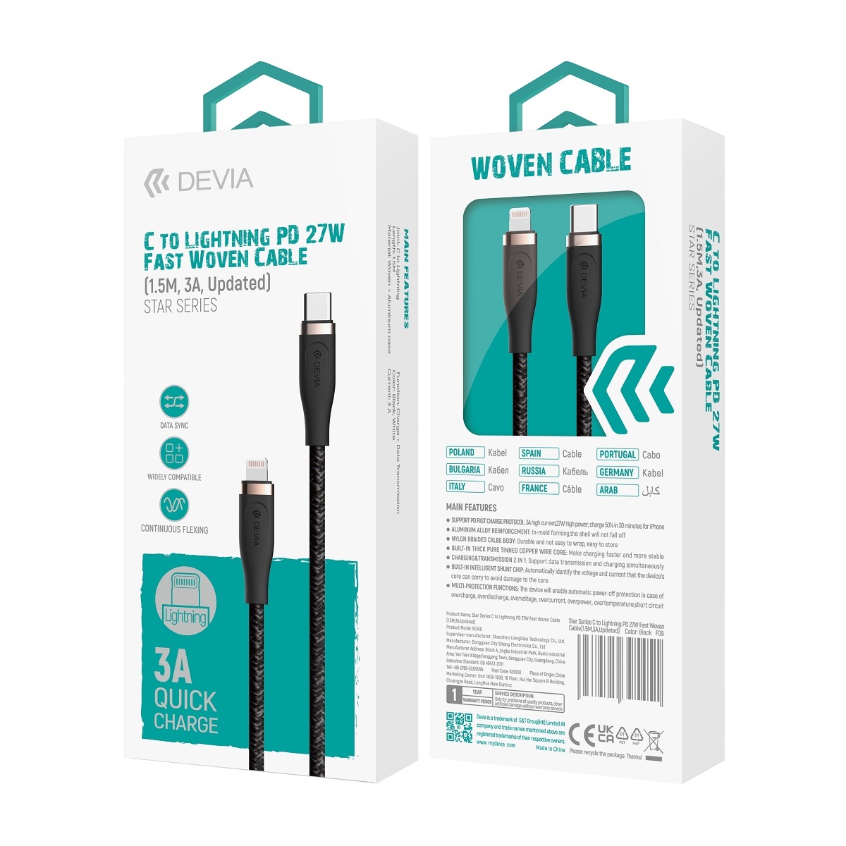 Devia kabel Star EC418 PD USB-C - Lightning 1,5 m 27W 3A bia�y / 3