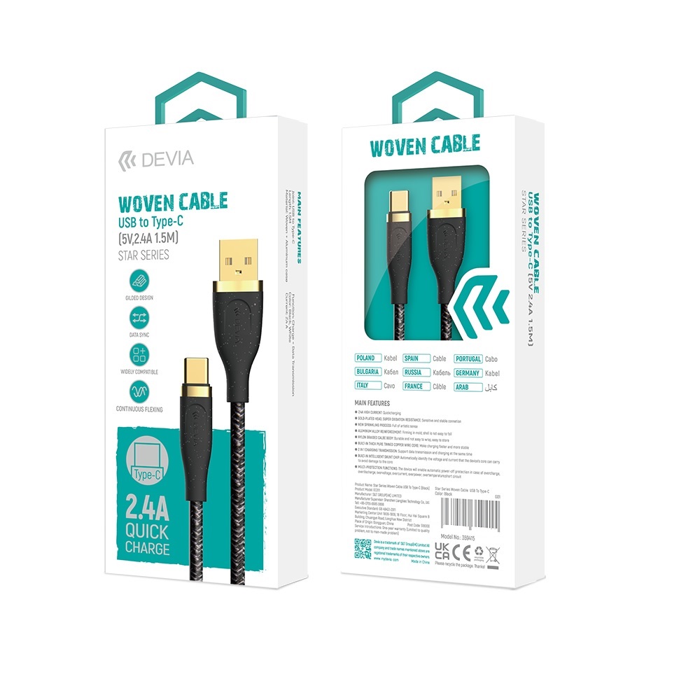 Devia kabel Star USB - USB-C 1,5 m 2,4A czarny / 5