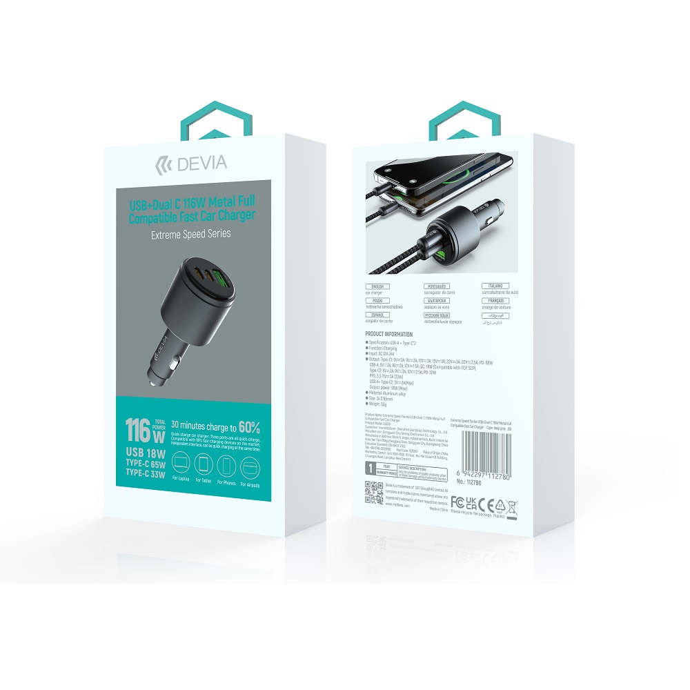 Devia �adowarka samochodowa Extreme Metal PD QC 116W 1x USB 2x USB-C czarna / 4