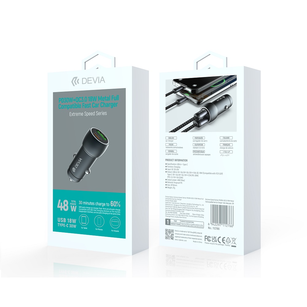 Devia �adowarka samochodowa Extreme PD QC 3.0 30W + 18W 1x USB 1x USB-C grafitowa / 4