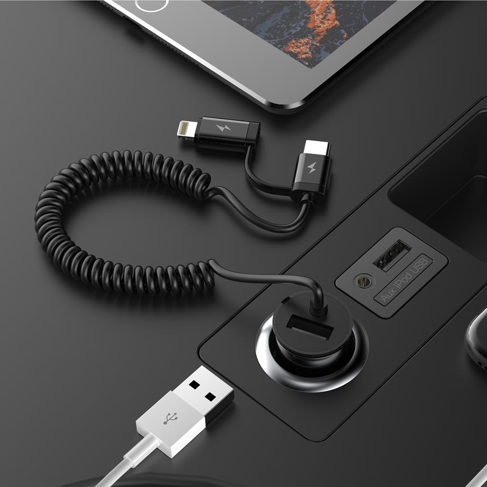 Devia �adowarka samochodowa Flash USB z kablem 2w1 typ-C/8-pin czarna 21W / 2