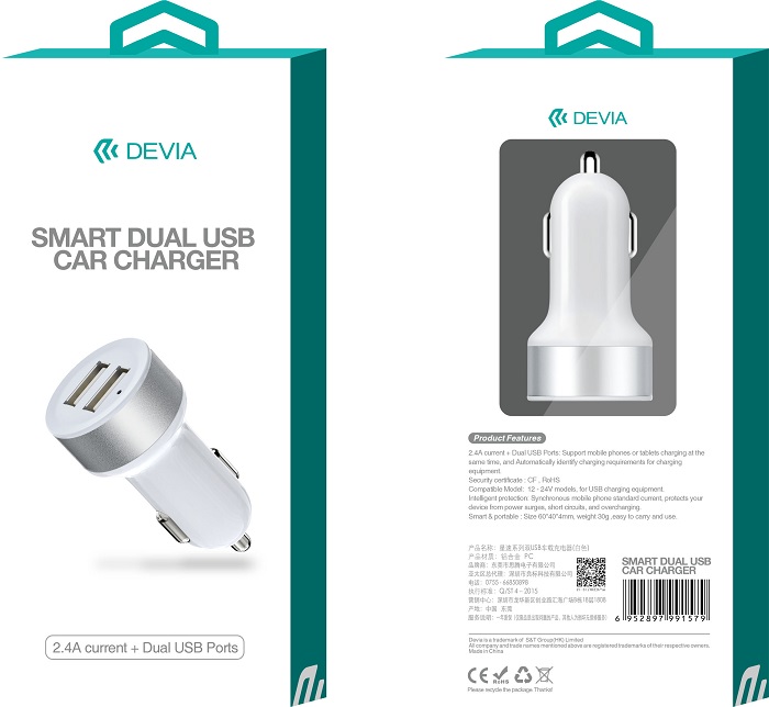 Devia �adowarka samochodowa Smart 2USB bia�a 2.4A / 6