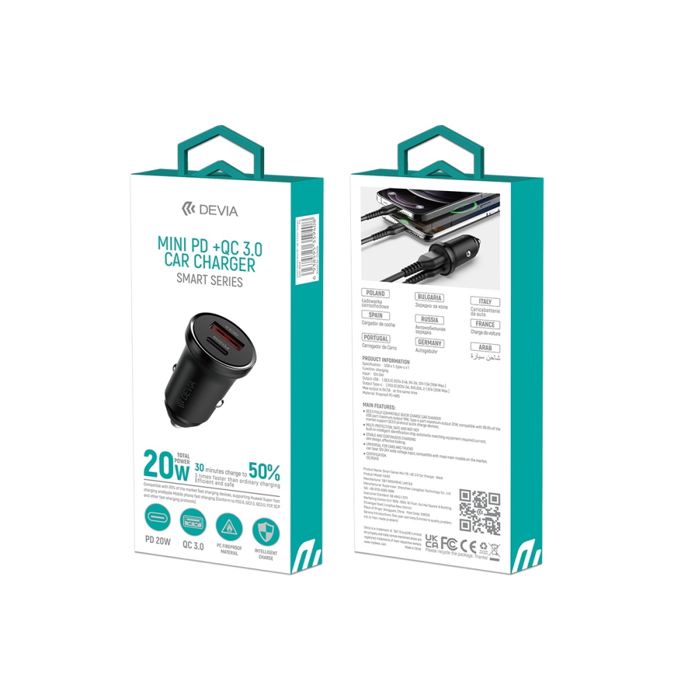 Devia �adowarka samochodowa Smart Mini PD QC 3.0 20W 1x USB-C 1x USB czarna / 5