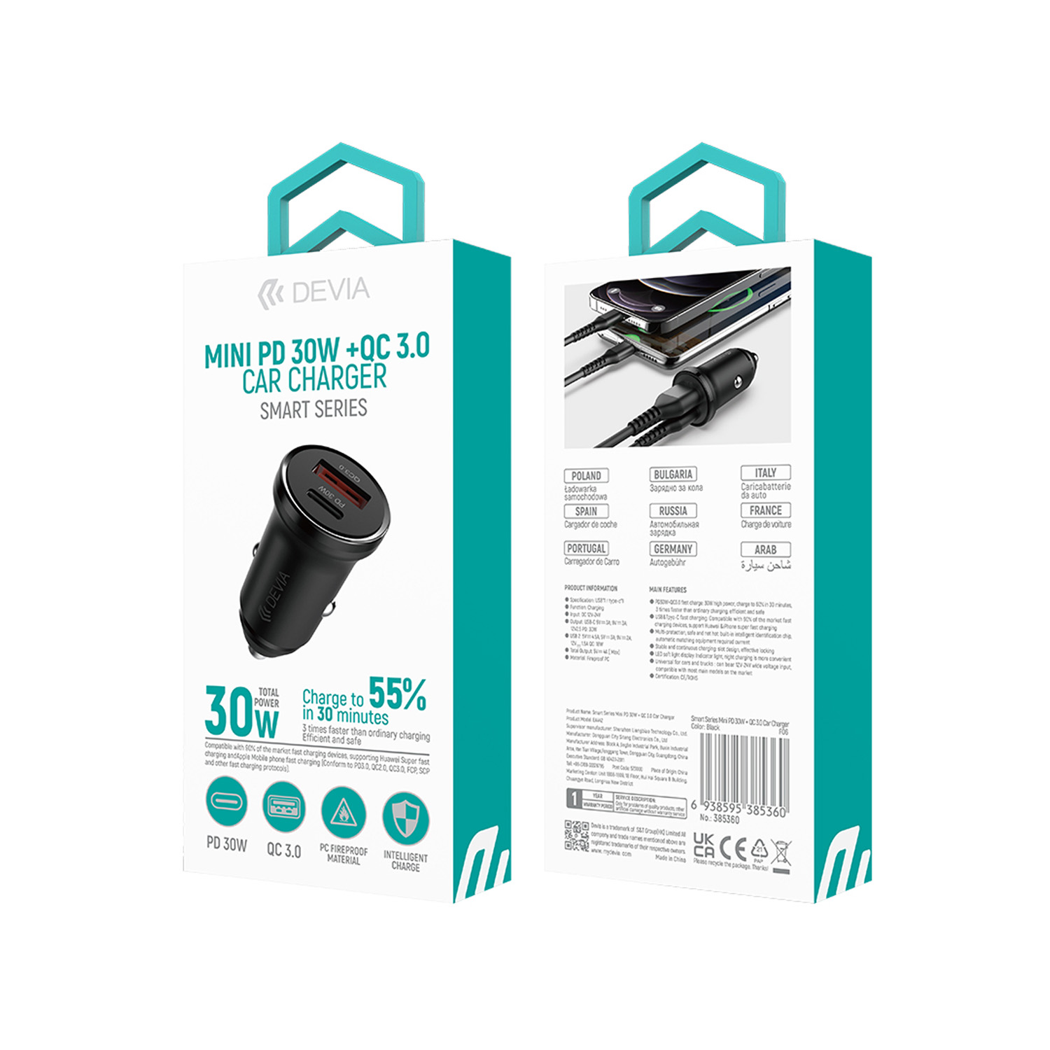 Devia �adowarka samochodowa Smart Mini PD QC 3.0 30W 1x USB 1x USB-C bia�a / 10