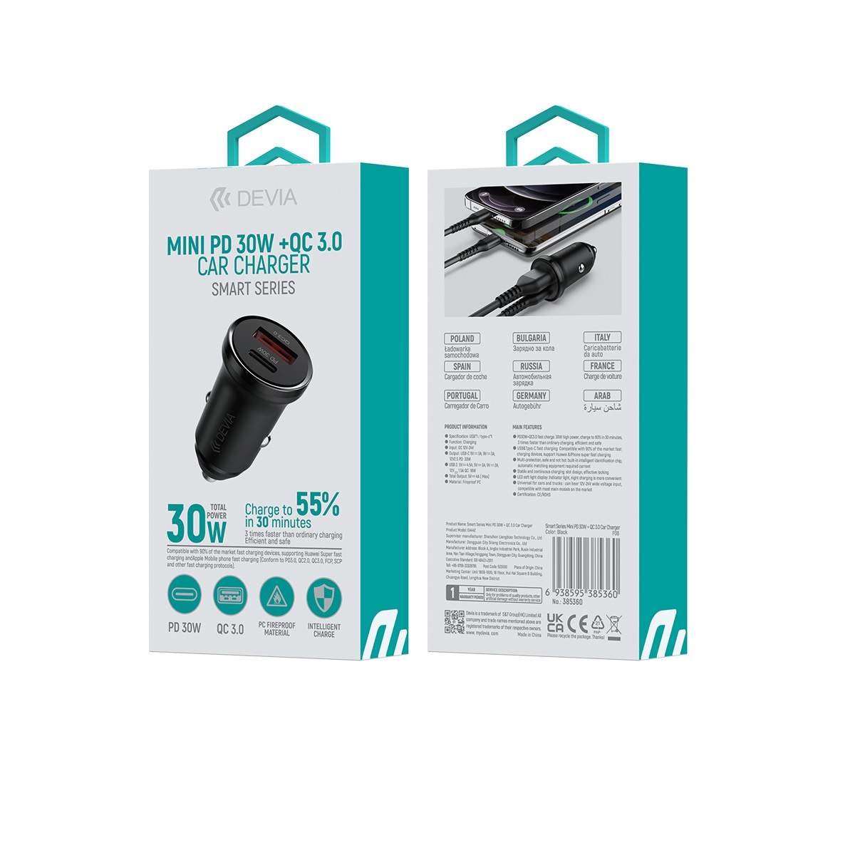 Devia �adowarka samochodowa Smart Mini PD QC 3.0 30W 1x USB-C 1x USB czarna / 6