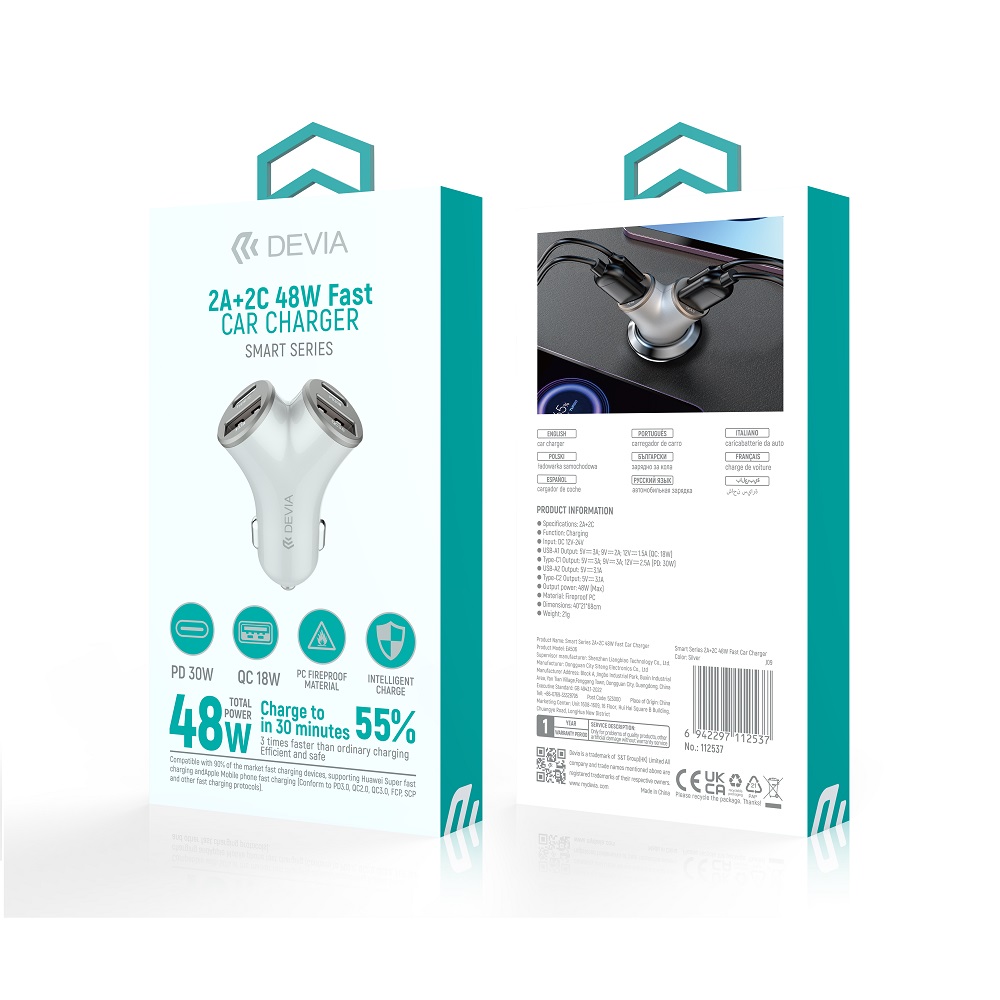 Devia �adowarka samochodowa Smart PD 48W 2x USB 2x USB-C srebrna / 2
