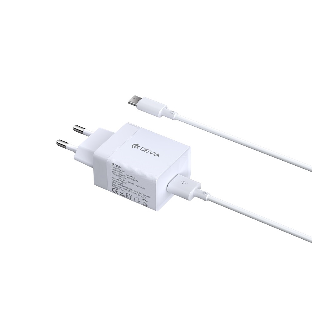 Devia �adowarka sieciowa Shark super quick charge 4,5A z kablem typ-C bia�a