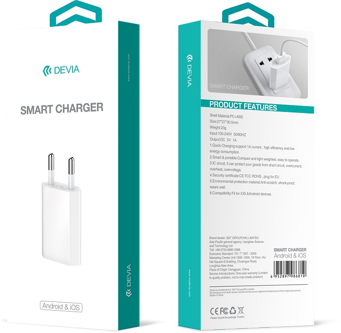 Devia �adowarka sieciowa Smart 1USB bia�a 1A / 2