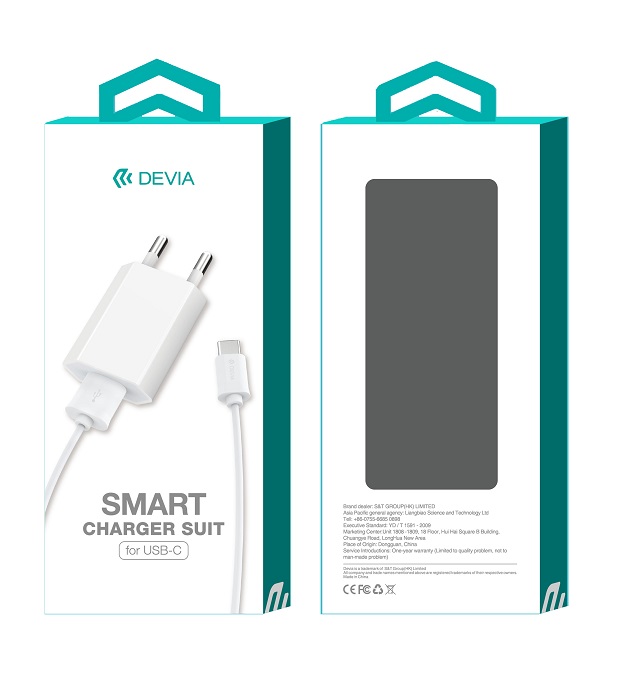 Devia �adowarka sieciowa Smart 1USB plus kabel typ-c bia�a 1A / 3