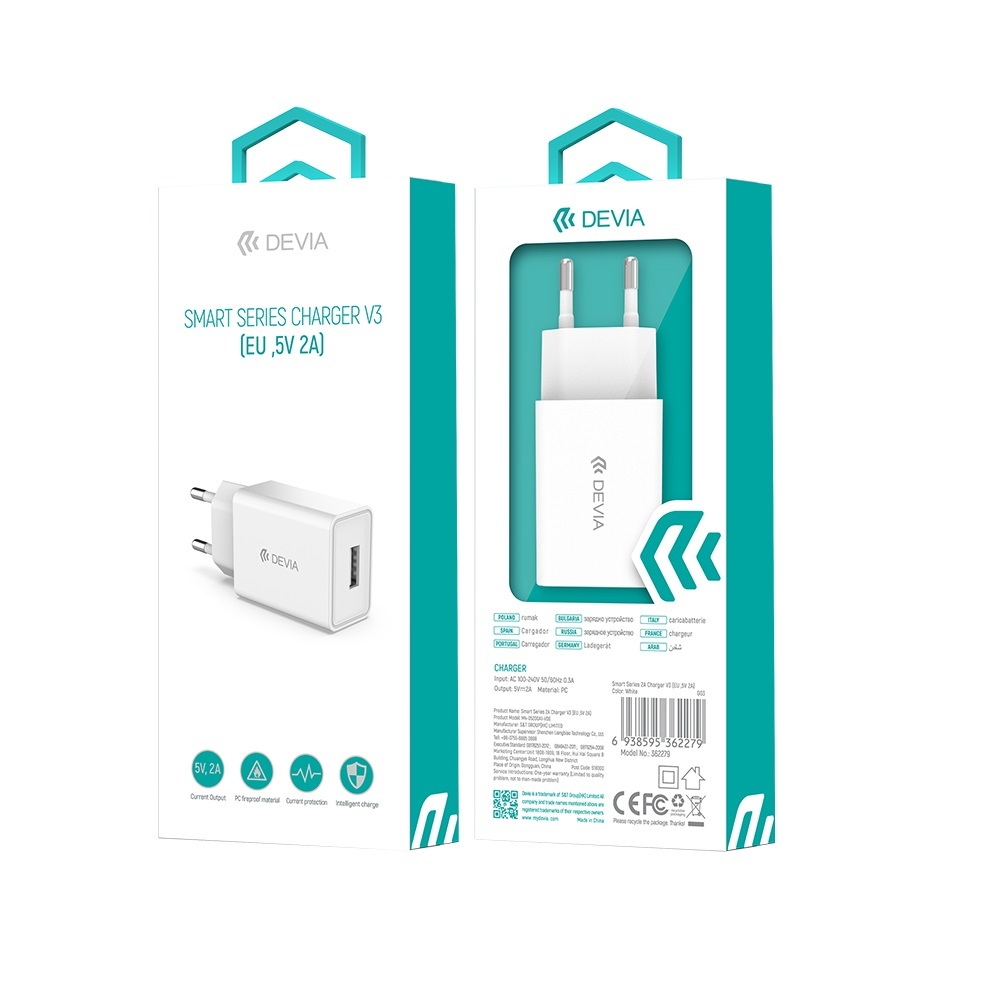 Devia �adowarka sieciowa Smart 1x USB 2A bia�a / 4