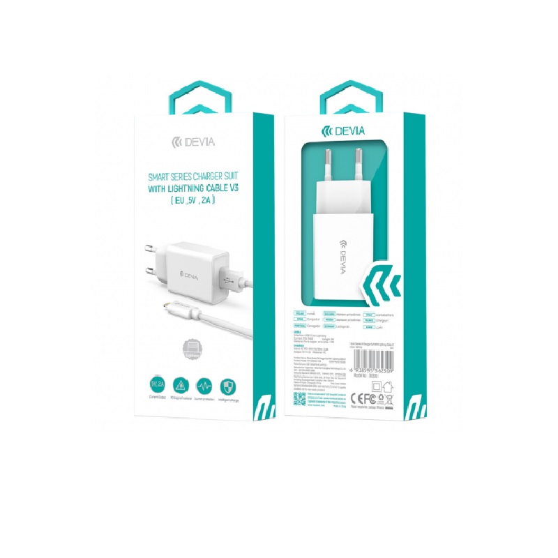 Devia �adowarka sieciowa Smart 1x USB 2A bia�a + kabel Lightning / 2