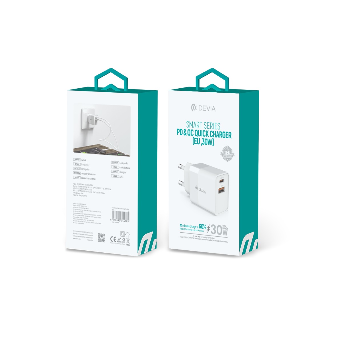 Devia �adowarka sieciowa Smart PD 1x USB-C 1x USB 30W bia�a / 2