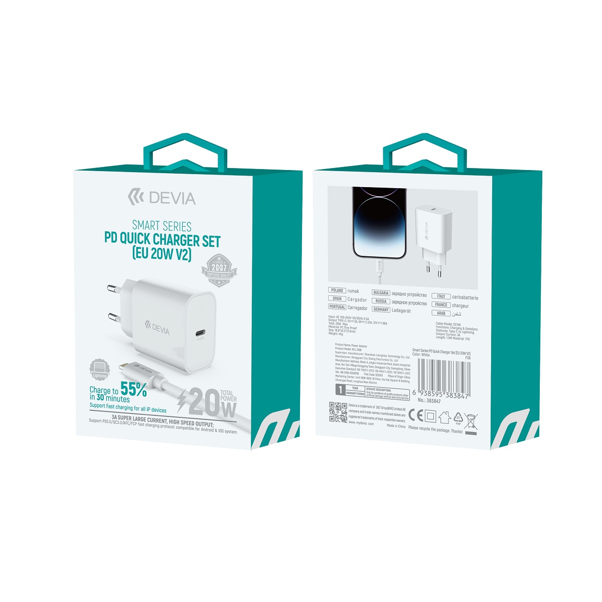 Devia �adowarka sieciowa Smart PD 20W 1x USB-C bia�a + kabel Lightning - USB-C V2 / 4