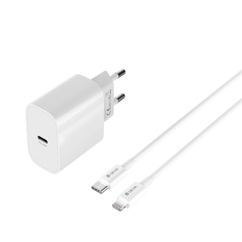 Devia �adowarka sieciowa Smart PD GaN 30W 1x USB-C bia�a + kabel USB-C - Lightning / 2
