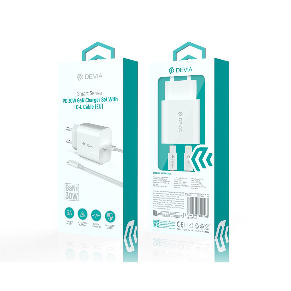 Devia �adowarka sieciowa Smart PD GaN 30W 1x USB-C bia�a + kabel USB-C - Lightning / 5