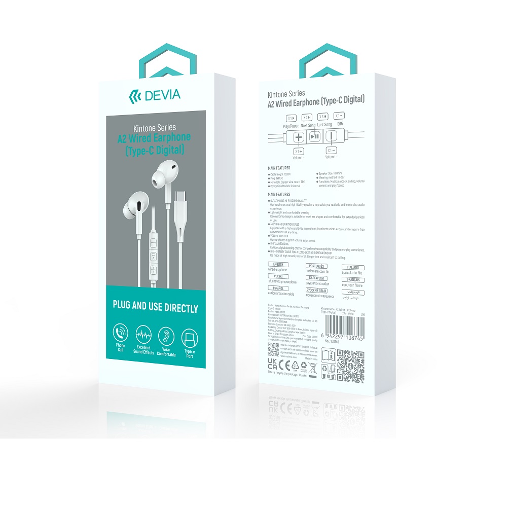 Devia s�uchawki przewodowe Kintone A2 Digital USB-C dokana�owe bia�e / 7