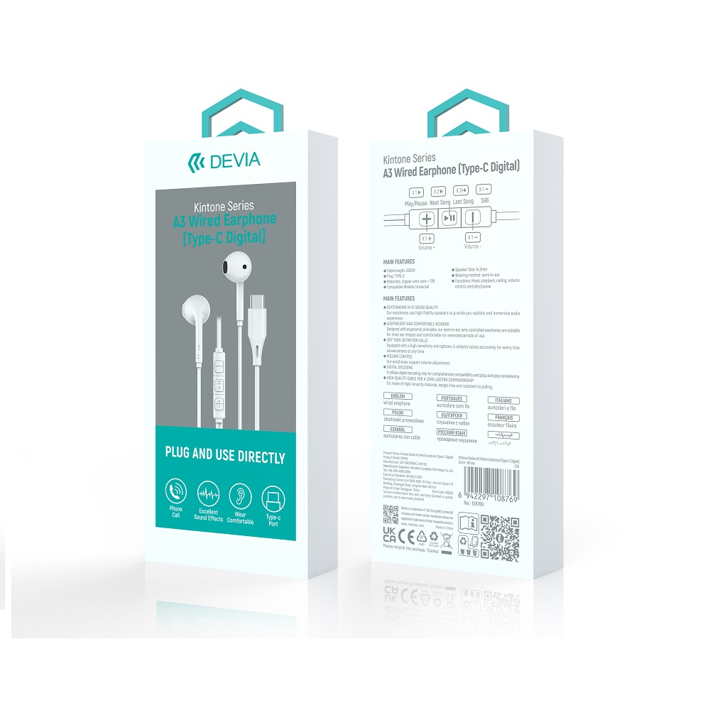 Devia s�uchawki przewodowe Kintone A3 Digital USB-C douszne bia�e / 7