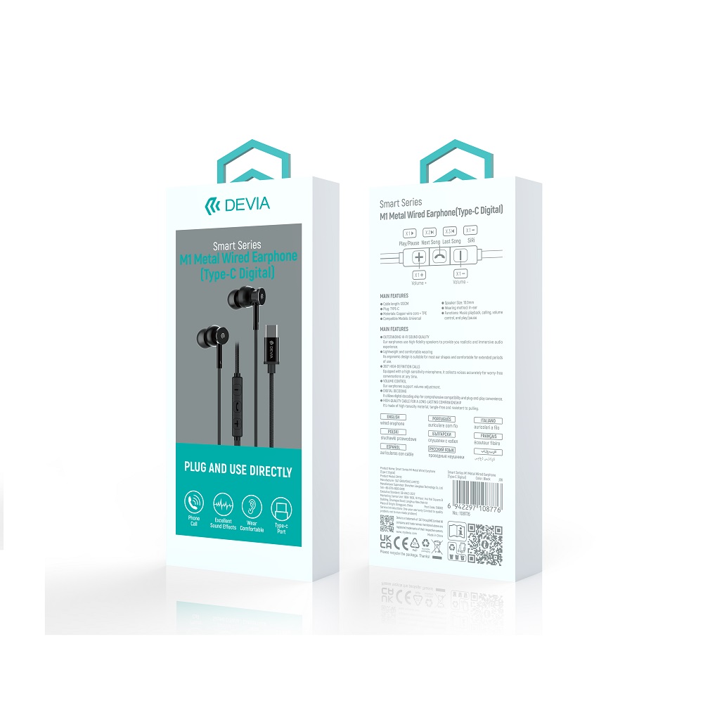 Devia s�uchawki przewodowe Smart M1 Digital Metal USB-C dokana�owe czarne / 4