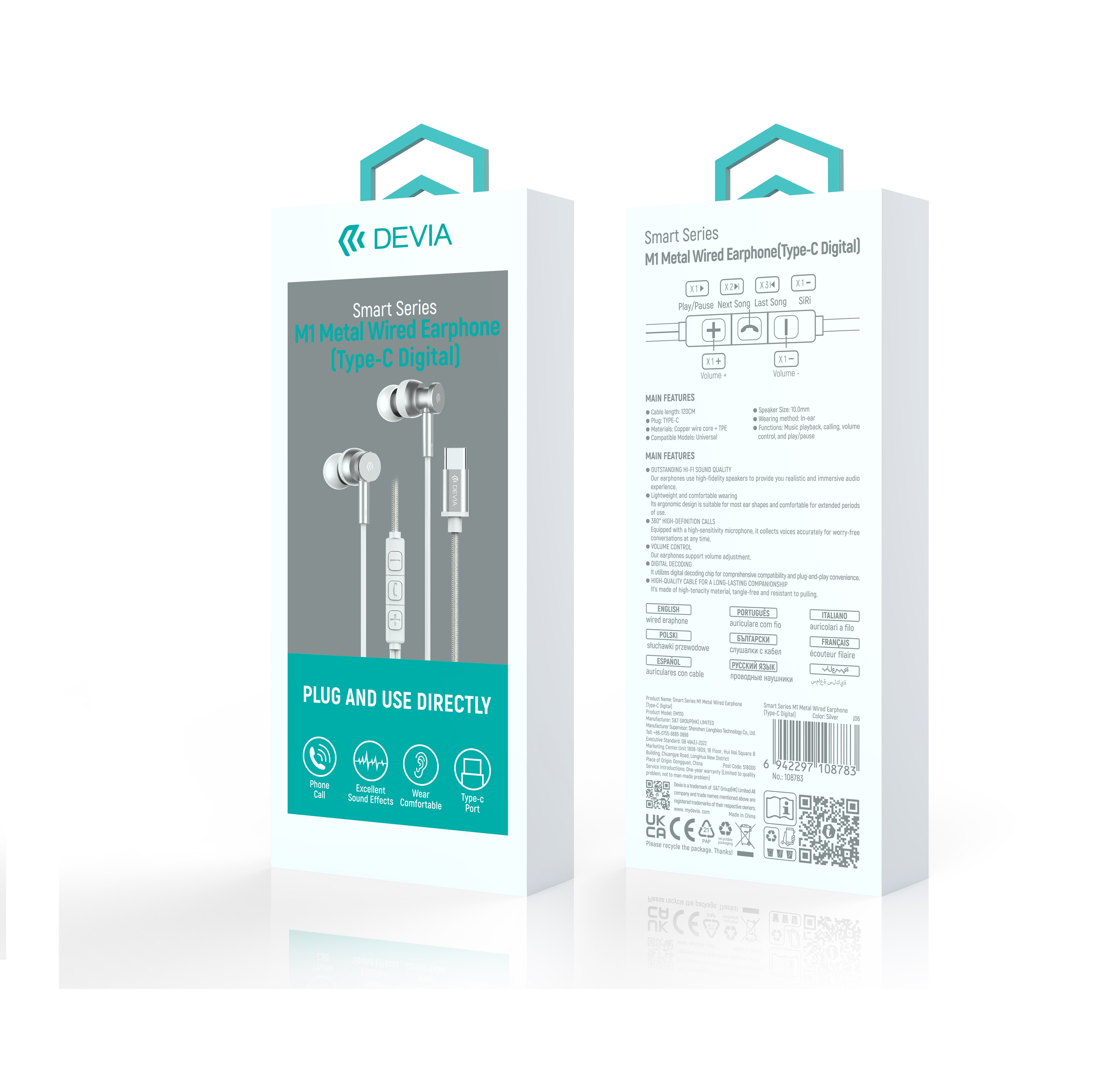 Devia s�uchawki przewodowe Smart M1 Digital Metal USB-C dokana�owe srebrne / 5