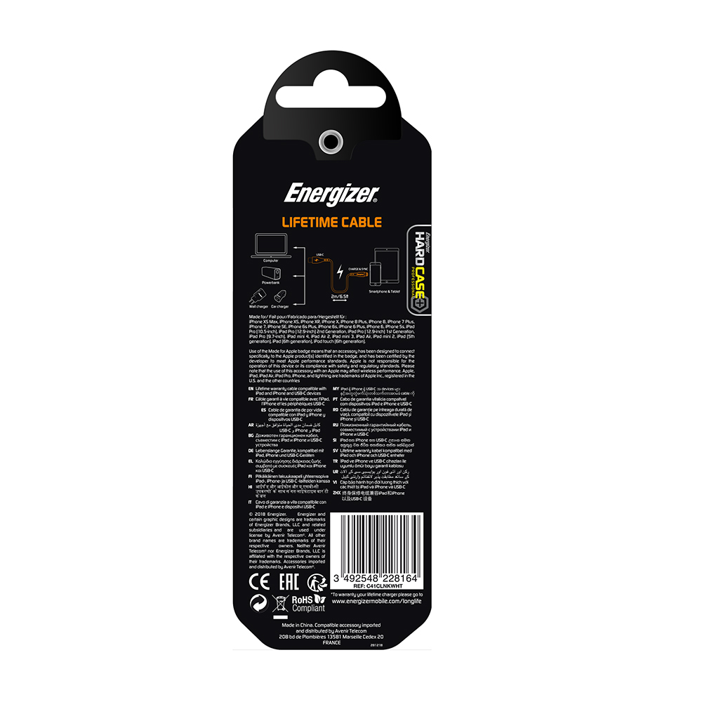 Energizer Hardcase Kabel typ-C/8-pin 2m bia�y Lifetime / 3