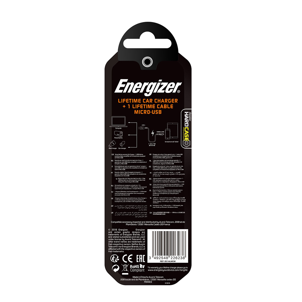 Energizer Hardcase adowarka samochodowa 1USB 1A z kablem micro czarna Lifetime / 9