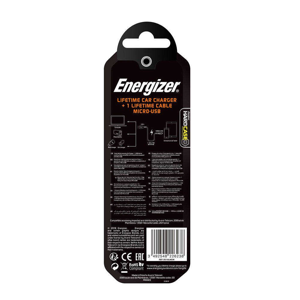 Energizer Hardcase �adowarka samochodowa 1USB 1A z kablem micro czarna Lifetime / 9