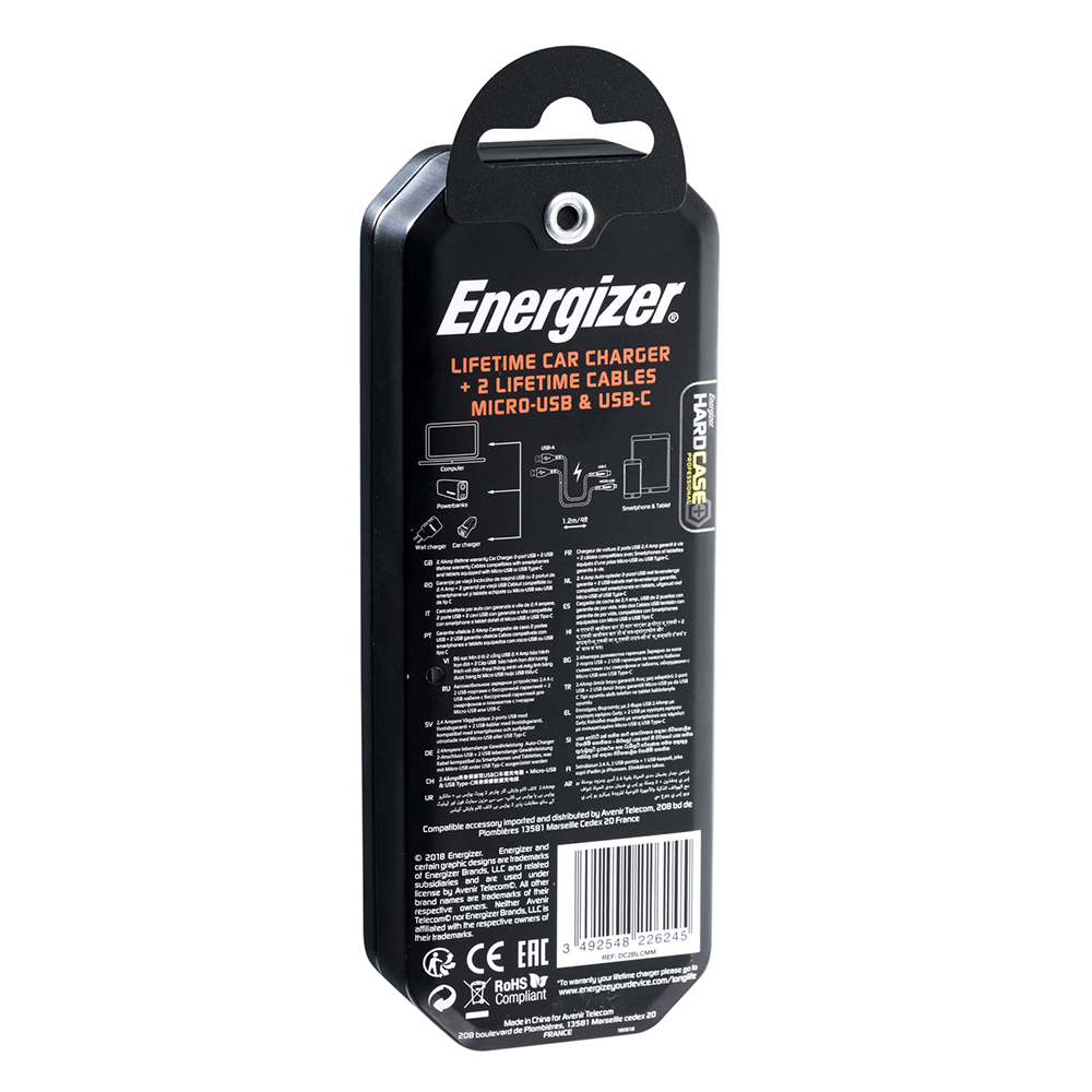 Energizer Hardcase adowarka samochodowa 2USB 2,4A z kablem typ-C i microUSB czarna Lifetime / 10