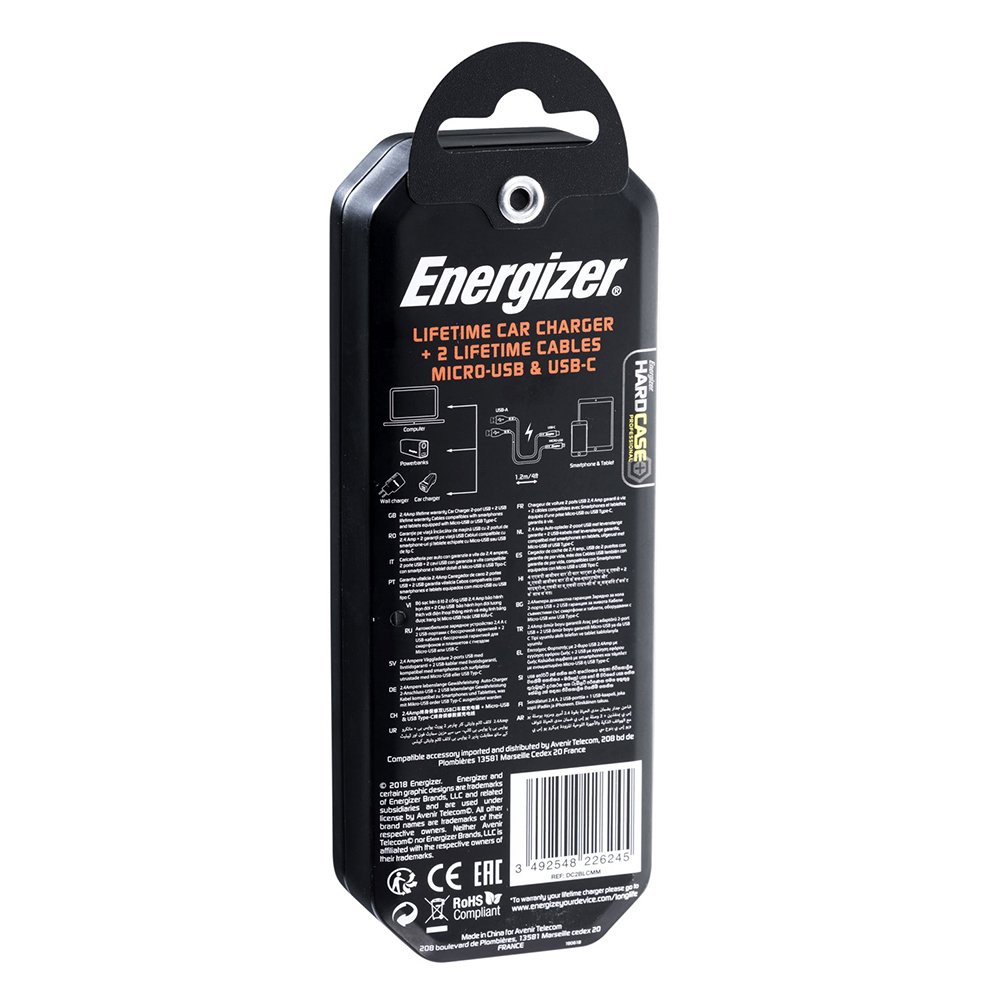 Energizer Hardcase �adowarka samochodowa 2USB 2,4A z kablem typ-C i microUSB czarna Lifetime / 10