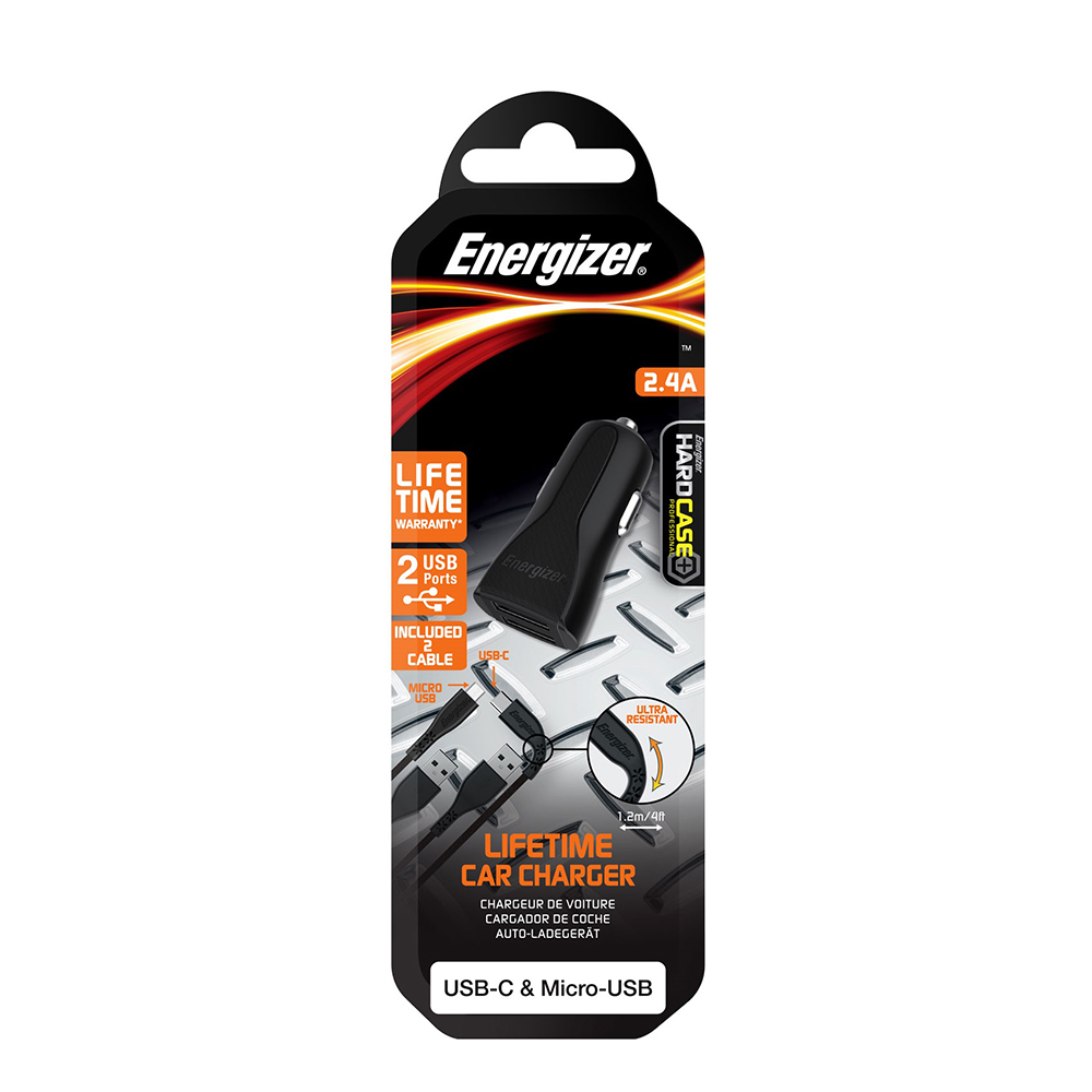 Energizer Hardcase �adowarka samochodowa 2USB 2,4A z kablem typ-C i microUSB czarna Lifetime / 7