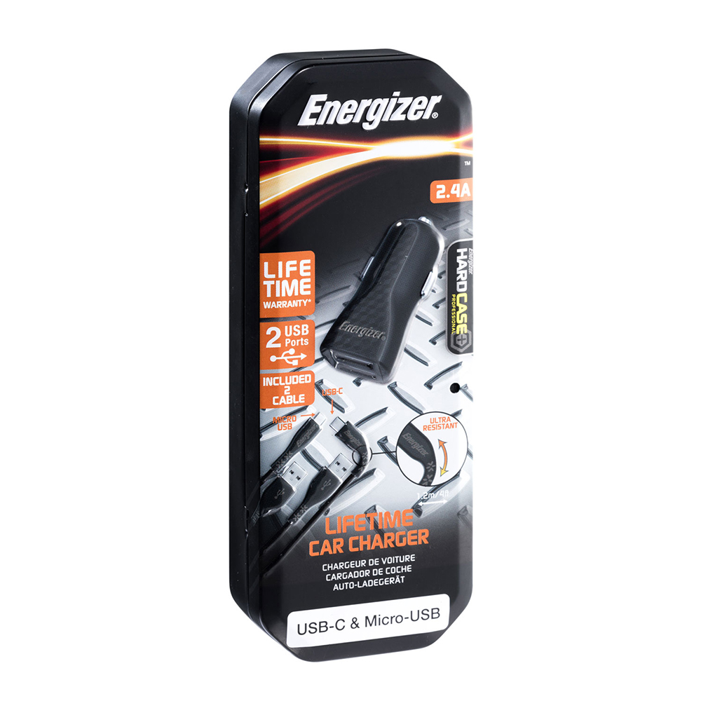 Energizer Hardcase �adowarka samochodowa 2USB 2,4A z kablem typ-C i microUSB czarna Lifetime / 8