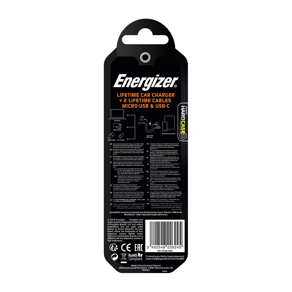 Energizer Hardcase �adowarka samochodowa 2USB 2,4A z kablem typ-C i microUSB czarna Lifetime / 9