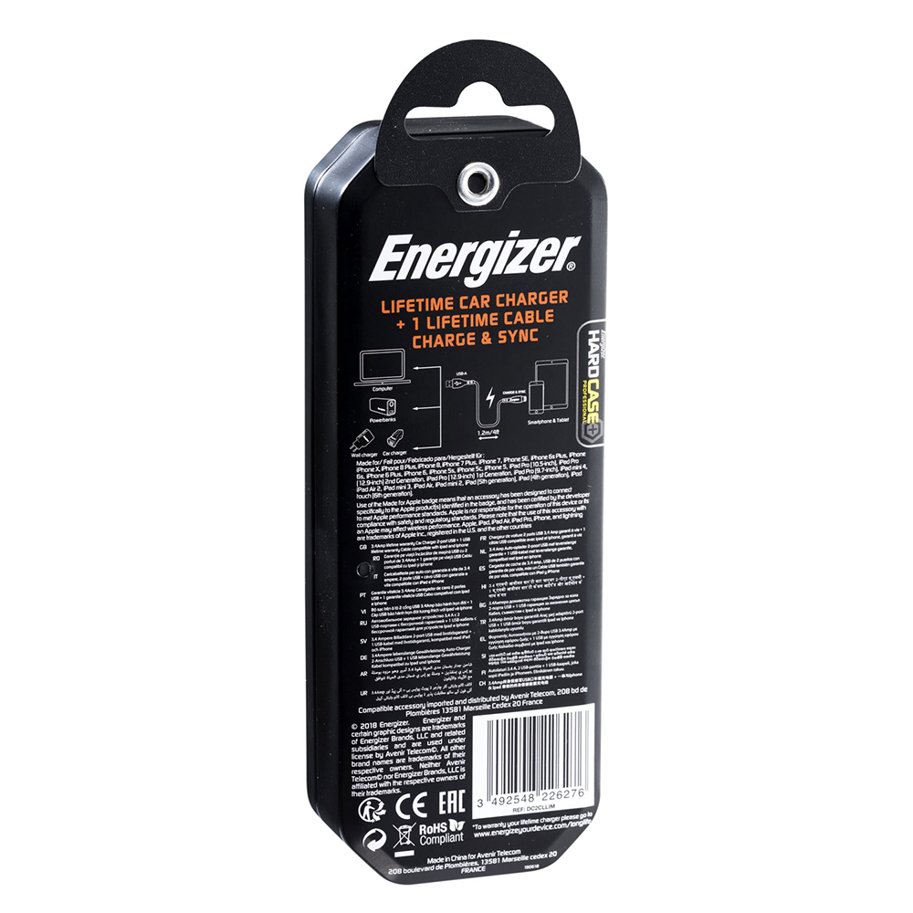 Energizer Hardcase adowarka samochodowa 2USB 3,4A z kablem 8-pin czarna Lifetime / 10