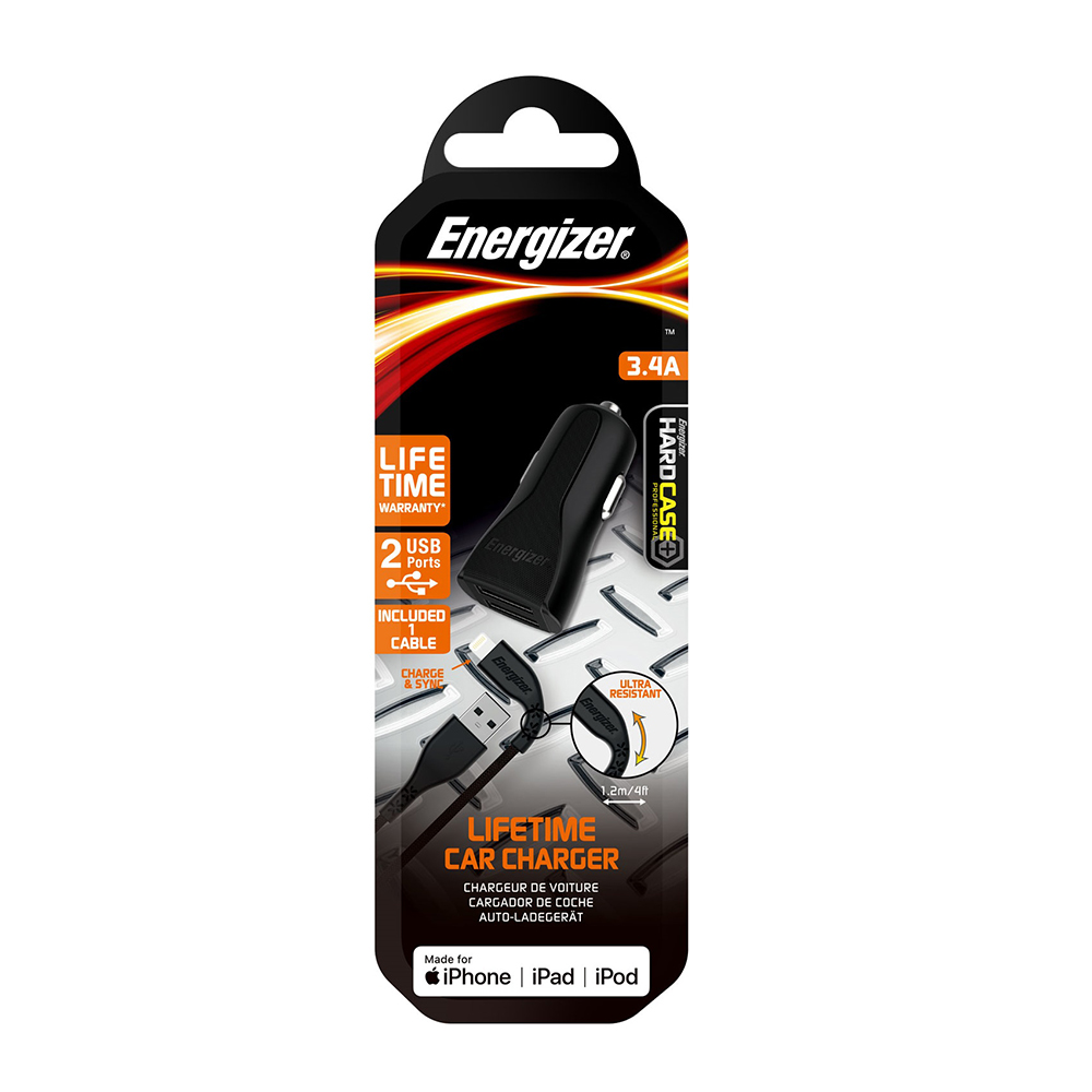 Energizer Hardcase adowarka samochodowa 2USB 3,4A z kablem 8-pin czarna Lifetime / 7