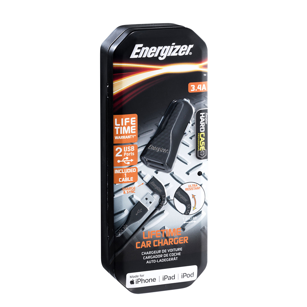 Energizer Hardcase adowarka samochodowa 2USB 3,4A z kablem 8-pin czarna Lifetime / 8