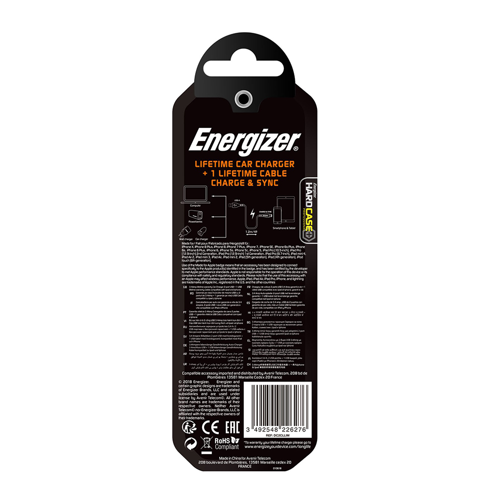 Energizer Hardcase adowarka samochodowa 2USB 3,4A z kablem 8-pin czarna Lifetime / 9