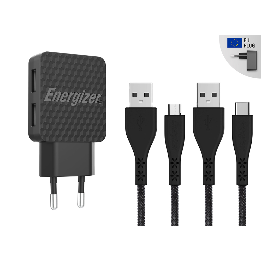 Energizer Hardcase �adowarka sieciowa 2USB 2,4A z kablem typ-C i microUSB czarna Lifetime