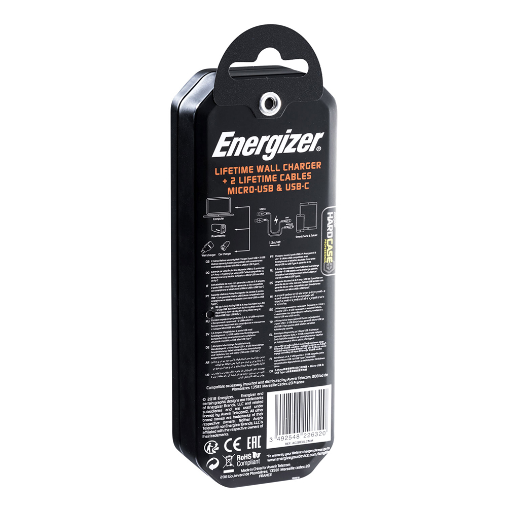 Energizer Hardcase �adowarka sieciowa 2USB 2,4A z kablem typ-C i microUSB czarna Lifetime / 10