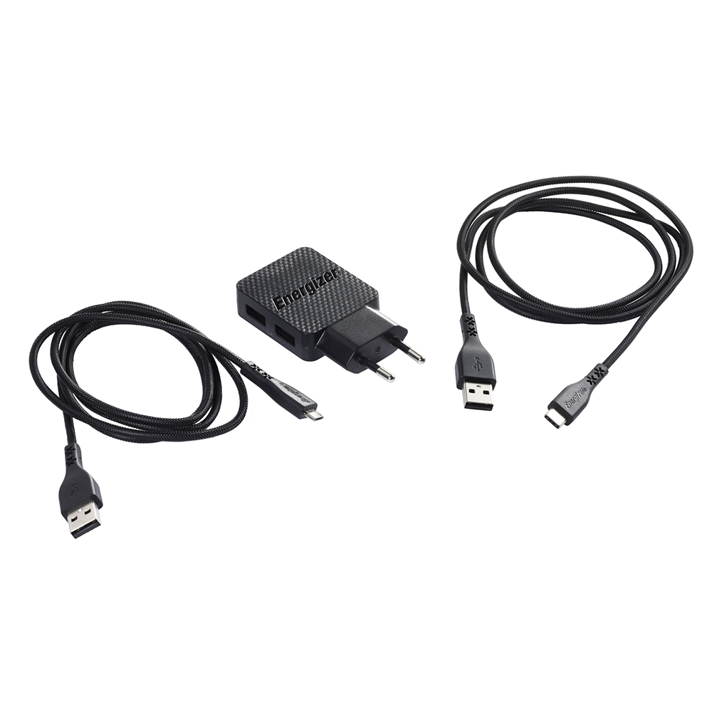 Energizer Hardcase �adowarka sieciowa 2USB 2,4A z kablem typ-C i microUSB czarna Lifetime / 2