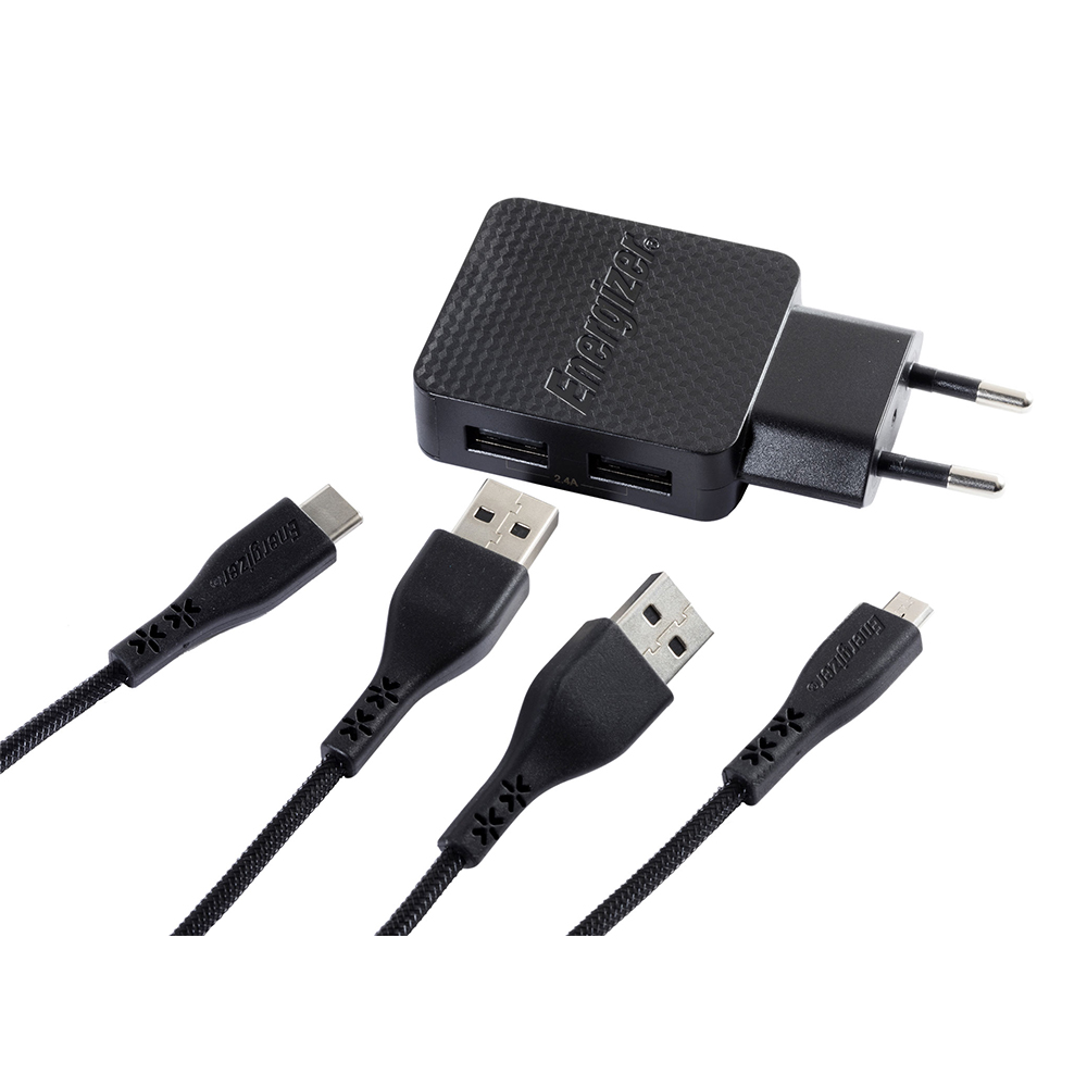 Energizer Hardcase �adowarka sieciowa 2USB 2,4A z kablem typ-C i microUSB czarna Lifetime / 3
