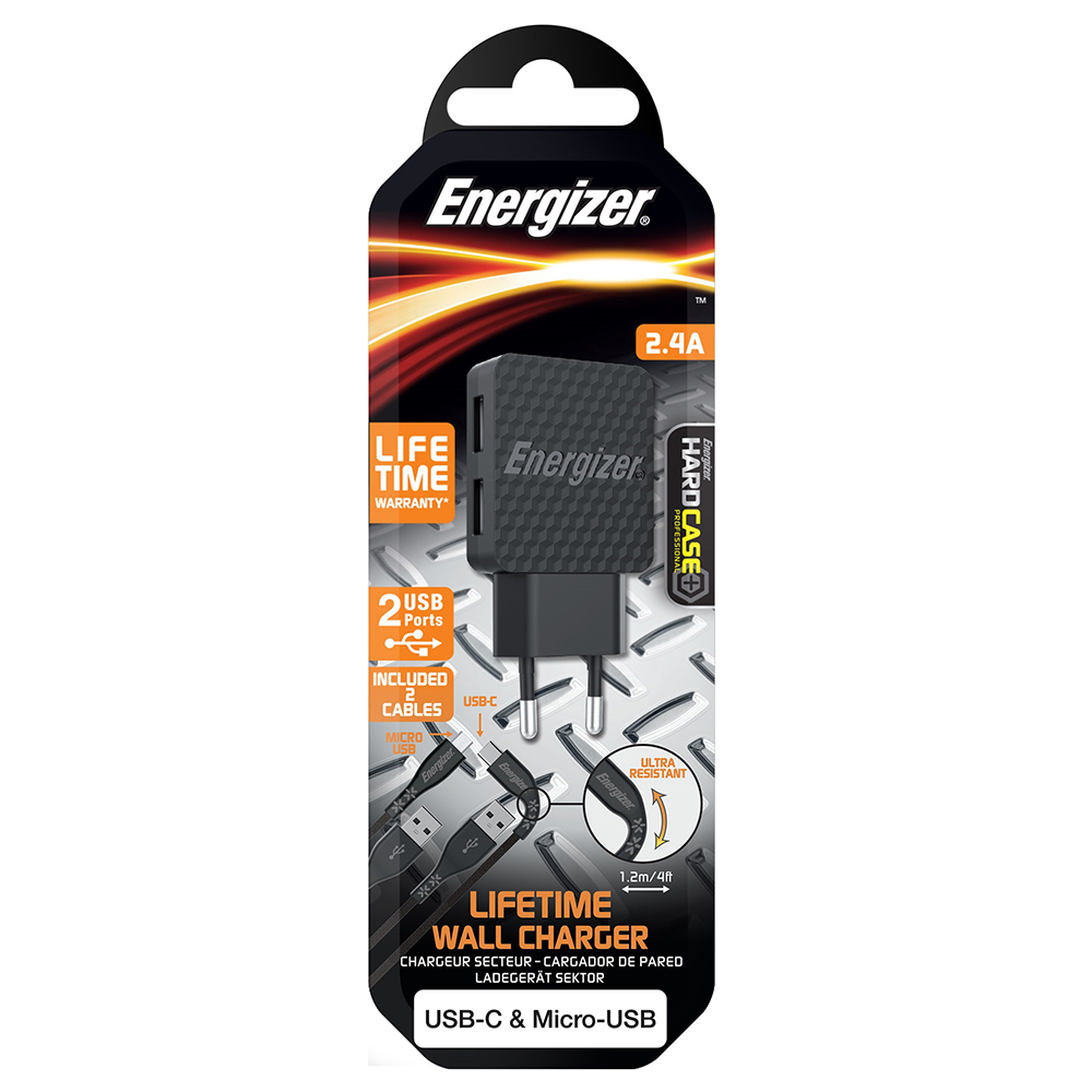 Energizer Hardcase �adowarka sieciowa 2USB 2,4A z kablem typ-C i microUSB czarna Lifetime / 7