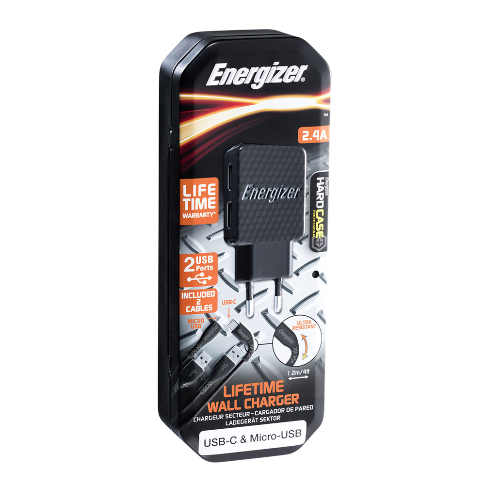 Energizer Hardcase �adowarka sieciowa 2USB 2,4A z kablem typ-C i microUSB czarna Lifetime / 8