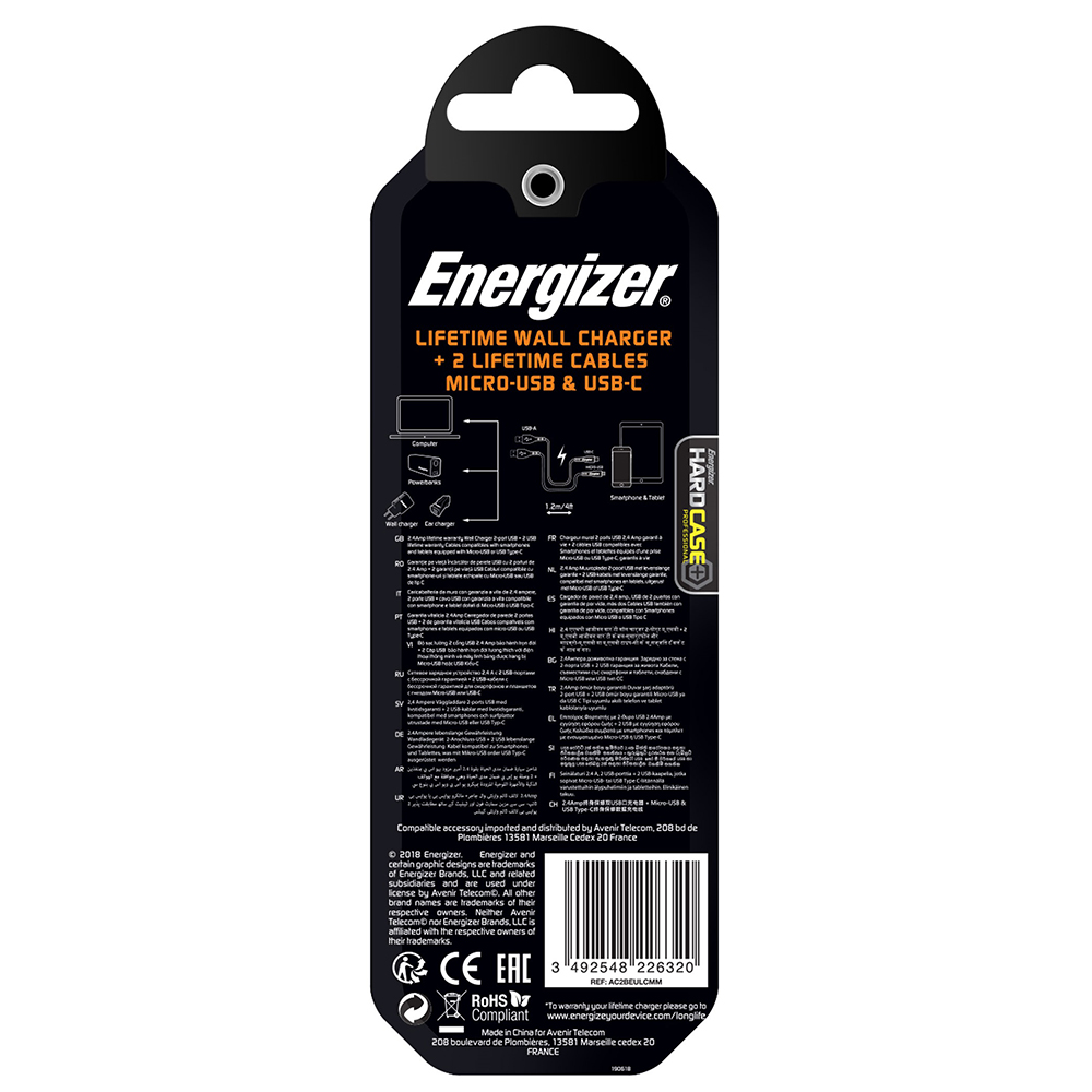 Energizer Hardcase �adowarka sieciowa 2USB 2,4A z kablem typ-C i microUSB czarna Lifetime / 9