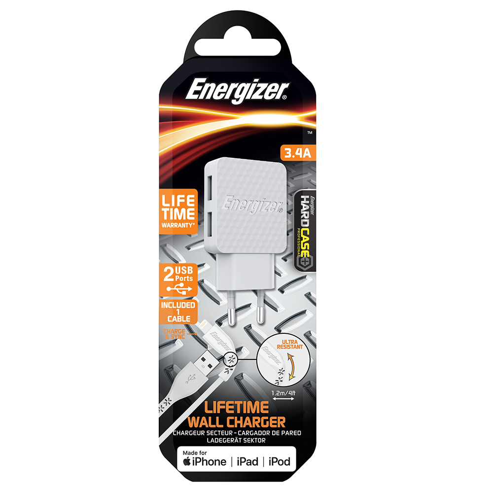 Energizer Hardcase �adowarka sieciowa 2USB 3,4A z kablem 8-pin bia�a Lifetime / 6