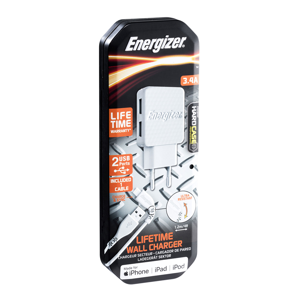 Energizer Hardcase �adowarka sieciowa 2USB 3,4A z kablem 8-pin bia�a Lifetime / 7