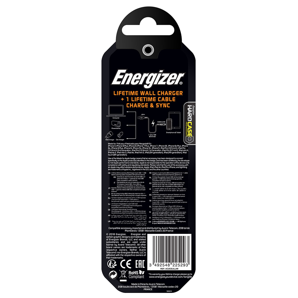 Energizer Hardcase �adowarka sieciowa 2USB 3,4A z kablem 8-pin bia�a Lifetime / 8