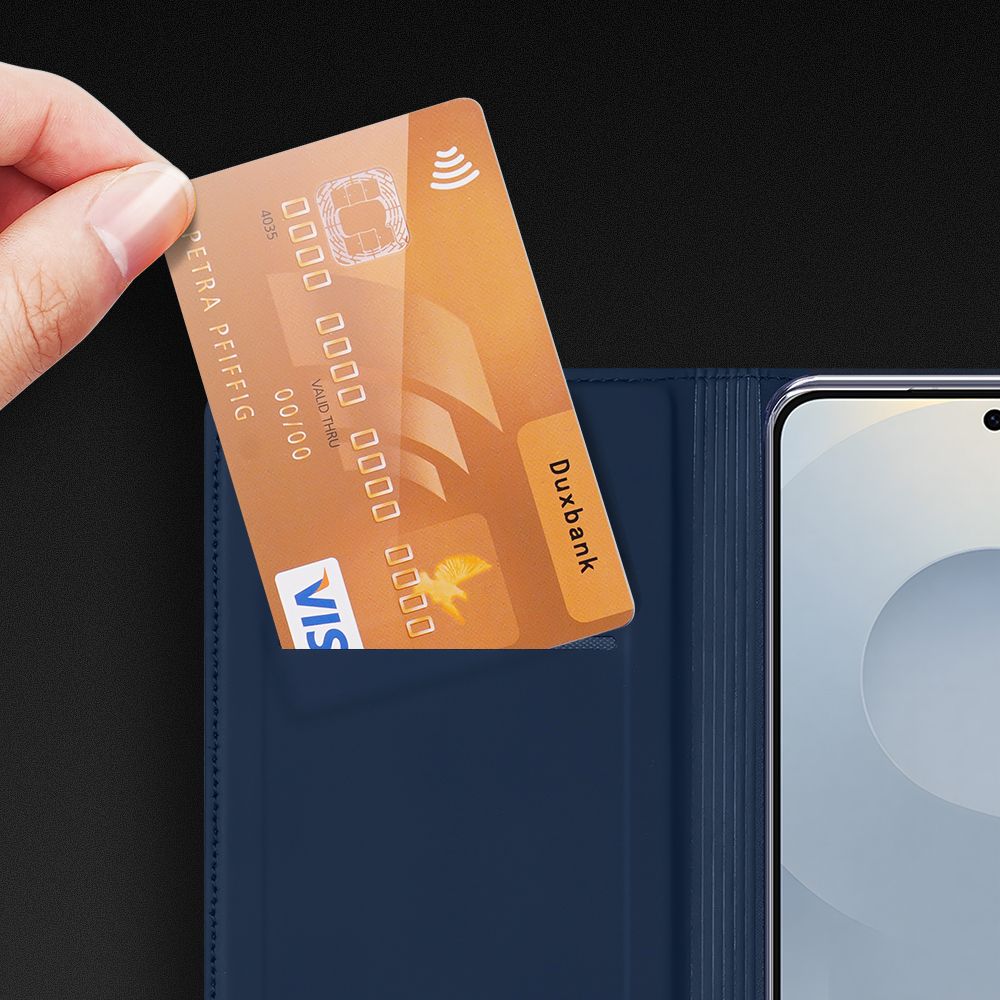 Etui ksi��eczkowe z kieszonk� na karty z podstawk� niebieski Samsung Galaxy S25 Edge / 7