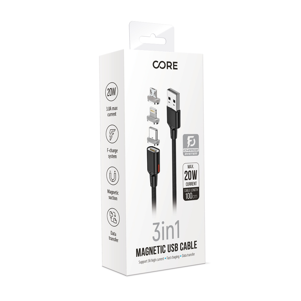 Forever Core kabel magnetyczny 3w1 USB - Lightning + USB-C + microUSB 1,0 m czarny 20W z przesy�em danych / 3