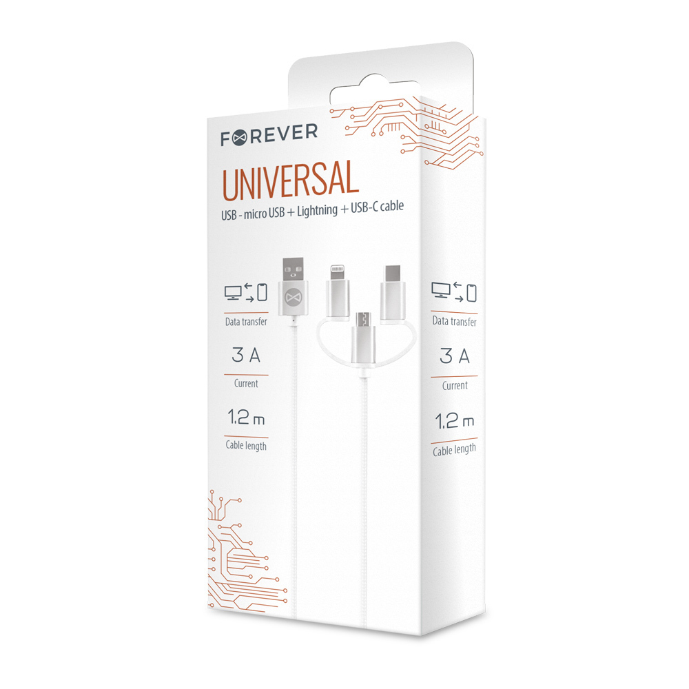 Forever kabel 3w1 USB - Lightning + USB-C + microUSB 1,2 m 3A WHP300 bia�y / 2
