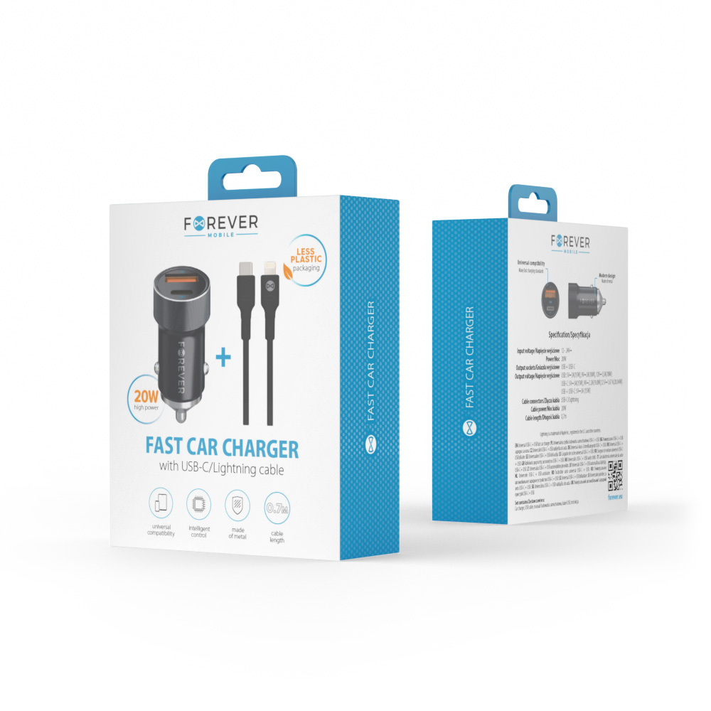 Forever �adowarka samochodowa PD QC CC-06 1x USB-C 1x USB 20W czarna + kabel USB-C - Lightning 27W / 3